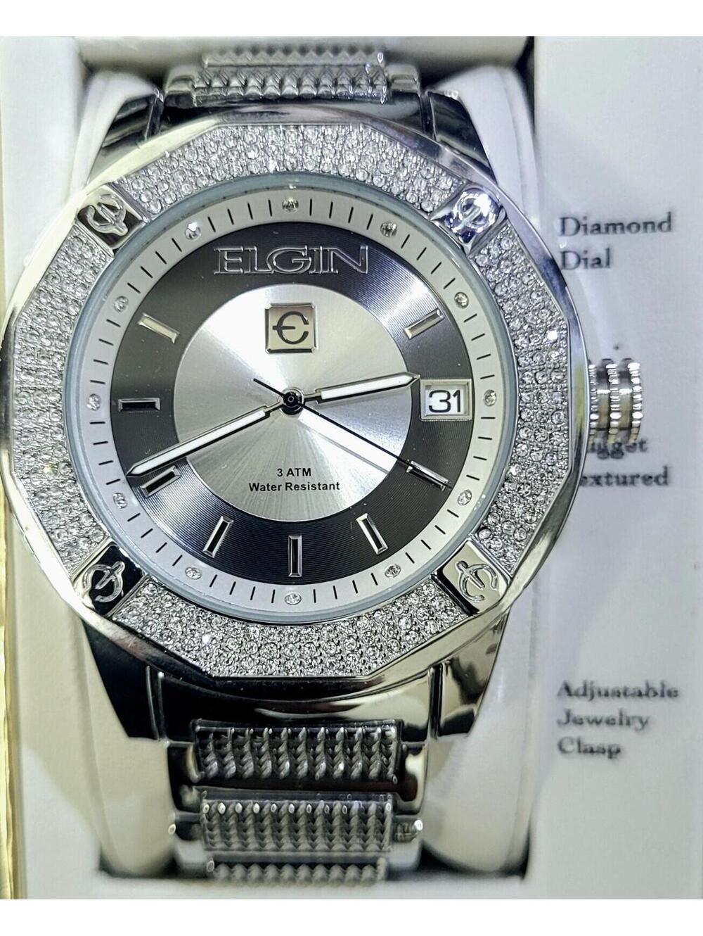 Rare Diamond Paved Bezel Mens Watch Elgin Authorized Dealer - Picture 9 of 13